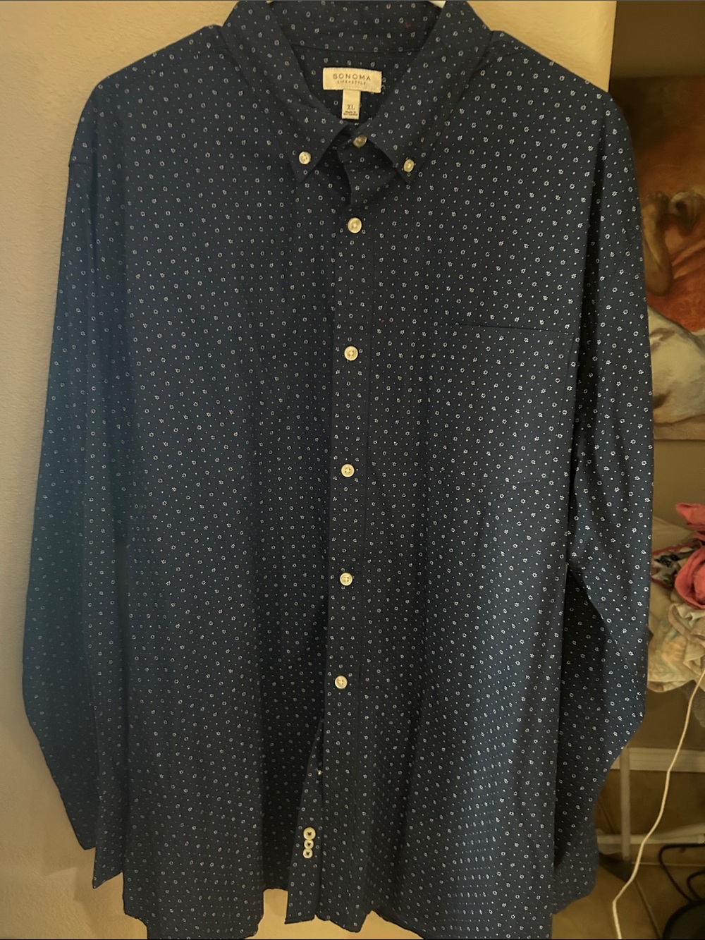 Sonoma Navy Button-Down Shirt with Tiny White Dot Print